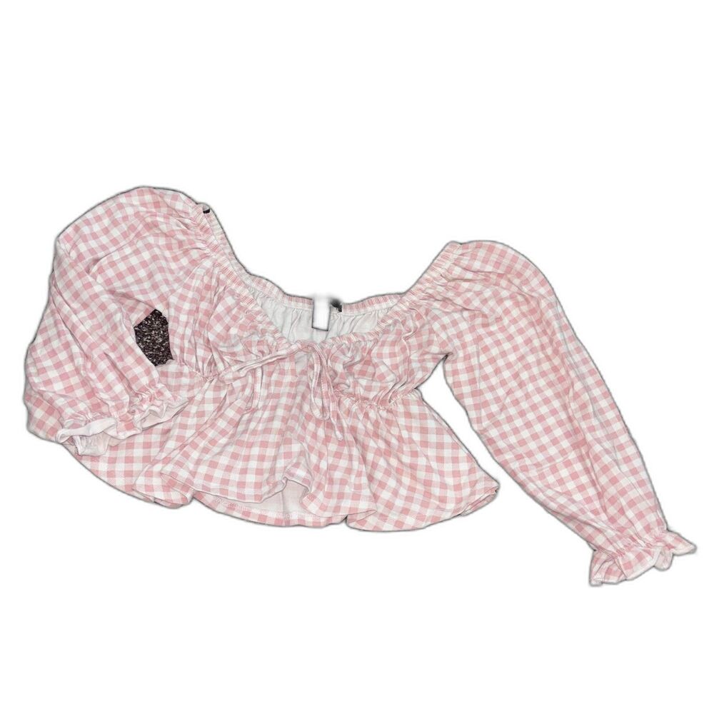 Forever 21 Pink Gingham Plaid Peplum Crop Top Puff Sleeve Size Large
